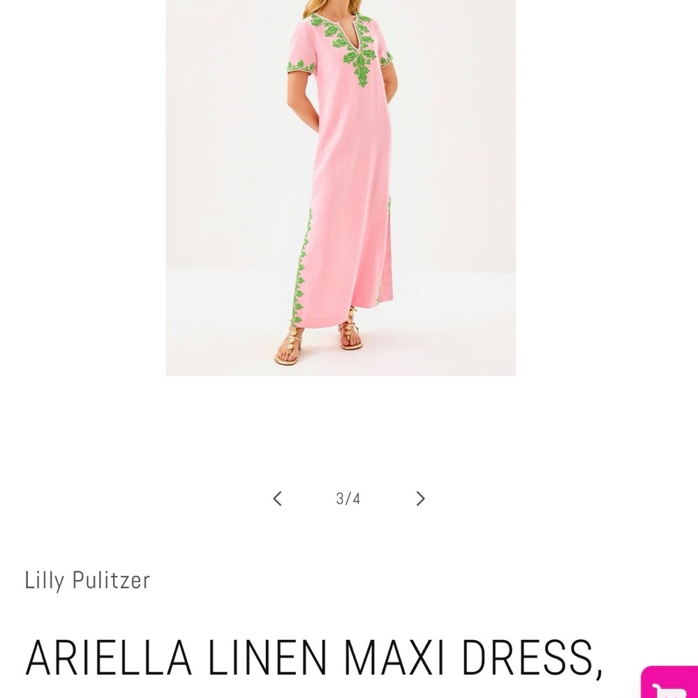 Lilly Pulitzer Pink Maxi Linen Caftan Ariella Green Embroidery - Picture 6 of 17